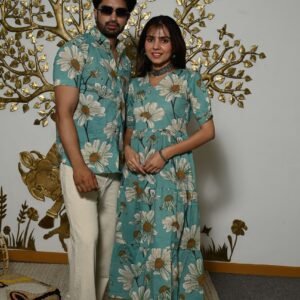 Couple Matching Teal-Blue floral Printed Cotton Anarkali Midi Dress & Shirt Set ? Summer Casual Wear