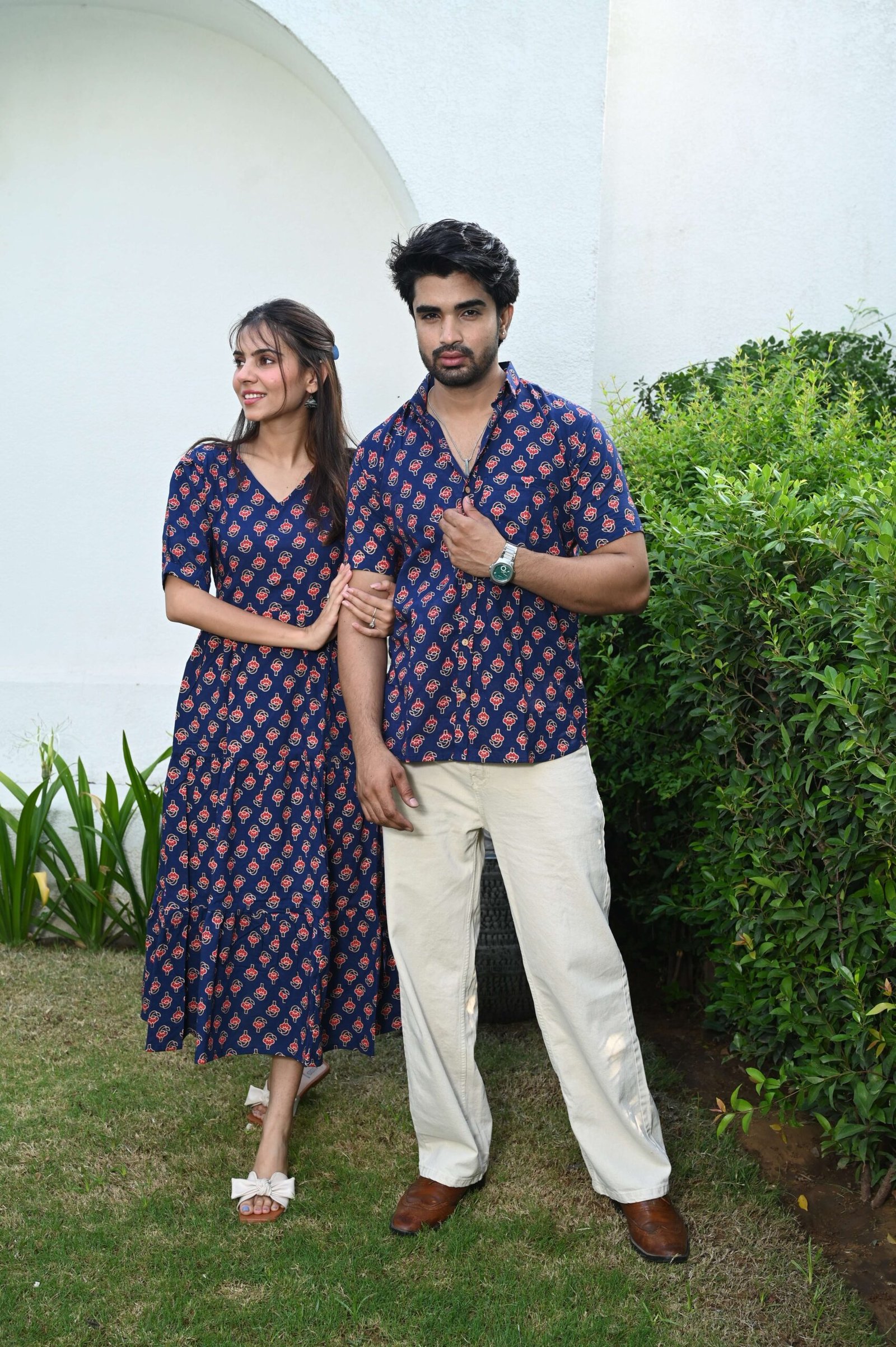 Couple Matching Navy Blue Cotton Printed Anarkali Midi Dress & Shirt Set ? Casual & Festive Wear - Image 3