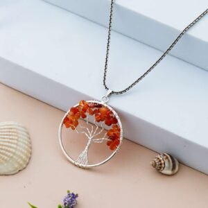 Carnelian Pendant Tree of Life Crystal Stone Pendant Locket with Metal Chain for Healing Crystal Healing Gemstone Size 35-40 mm Carnelian