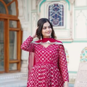 Pink Faux Blooming Designer Gown with Sequined Dupatta ? Elegant Fully Flared Party & Wedding Set